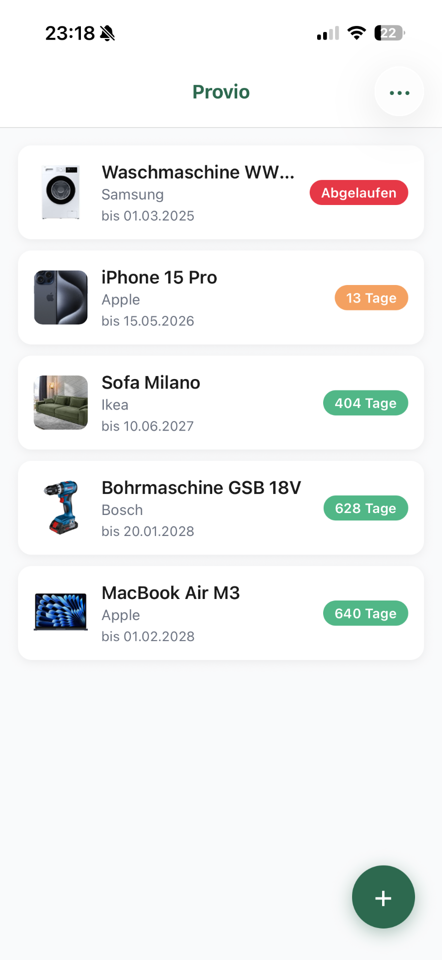 Provio App: Übersicht aller gespeicherten Garantien mit Restlaufzeit